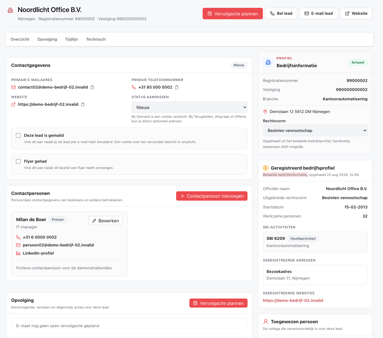 Lead detailpagina in Zivo LeadFinder met bedrijfsinformatie, contactpersonen en opvolgacties